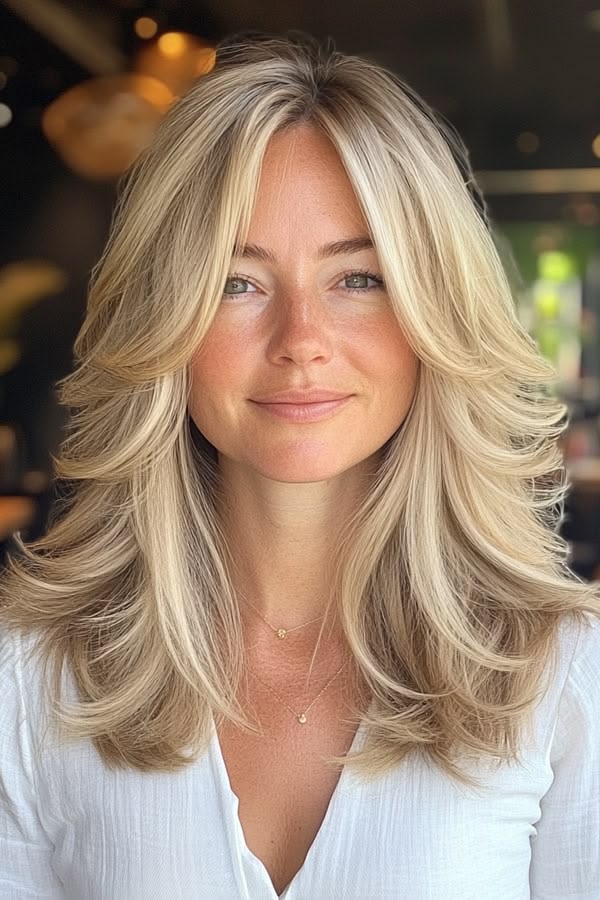Long layered haircut with subtle face-framing pieces and natural movement