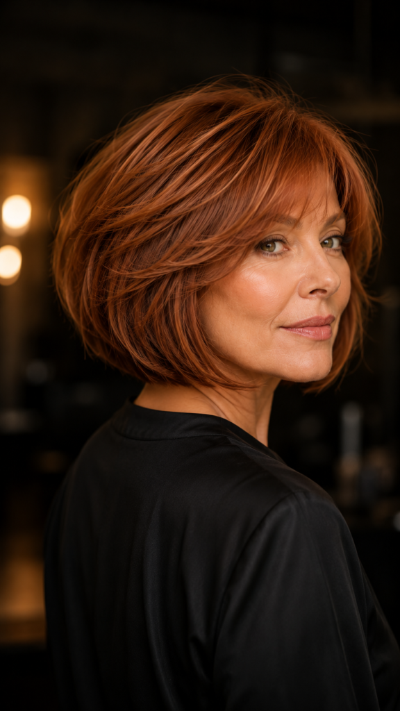 Rounded short bob with a softly curved back and natural-looking volume