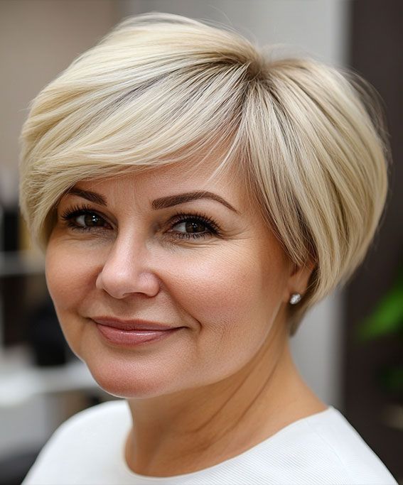 ide-parted bixie haircut with crown volume and longer fringe for a round face