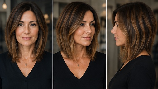 Angled lob with longer front pieces for a round face, shown from front, three-quarter and side views