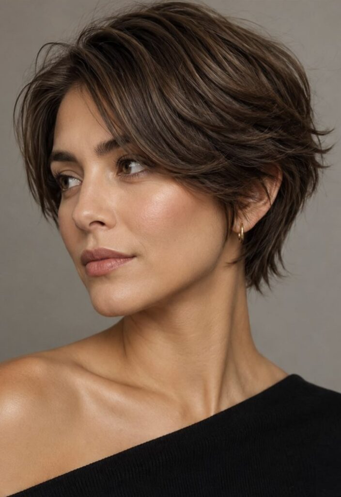 Airy bixie haircut shown from front, side and back with soft texture and crown volume