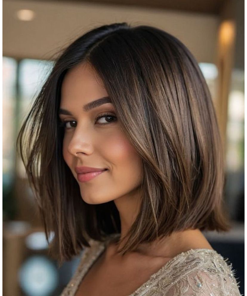 One-length shoulder-grazing bob shown from front, side and back with a clean low-maintenance shape