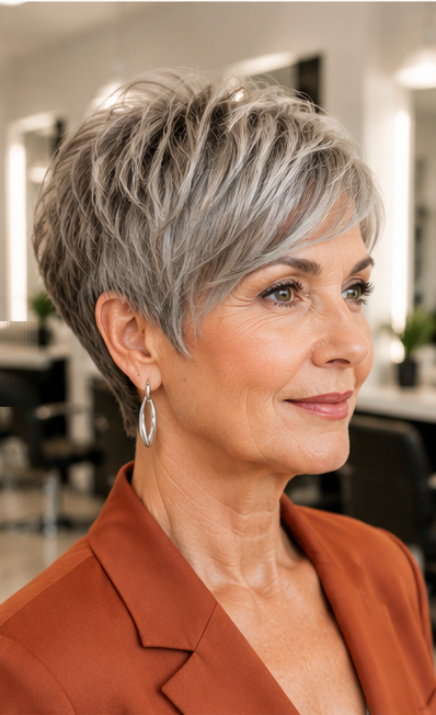 Voluminous pixie haircut for thin hair with lifted crown and textured top