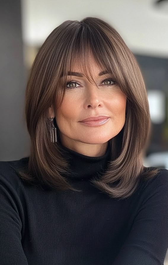 Shoulder-length haircut with curtain bangs for a woman over 50