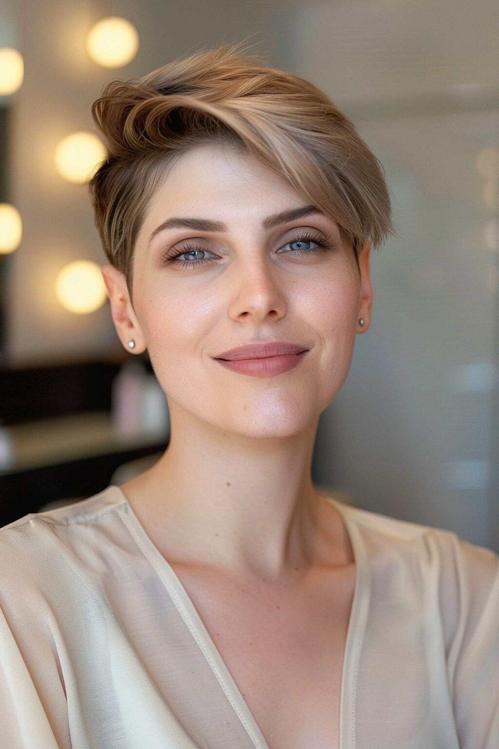 Long pixie hairstyle with subtle crown volume for women with fine hair