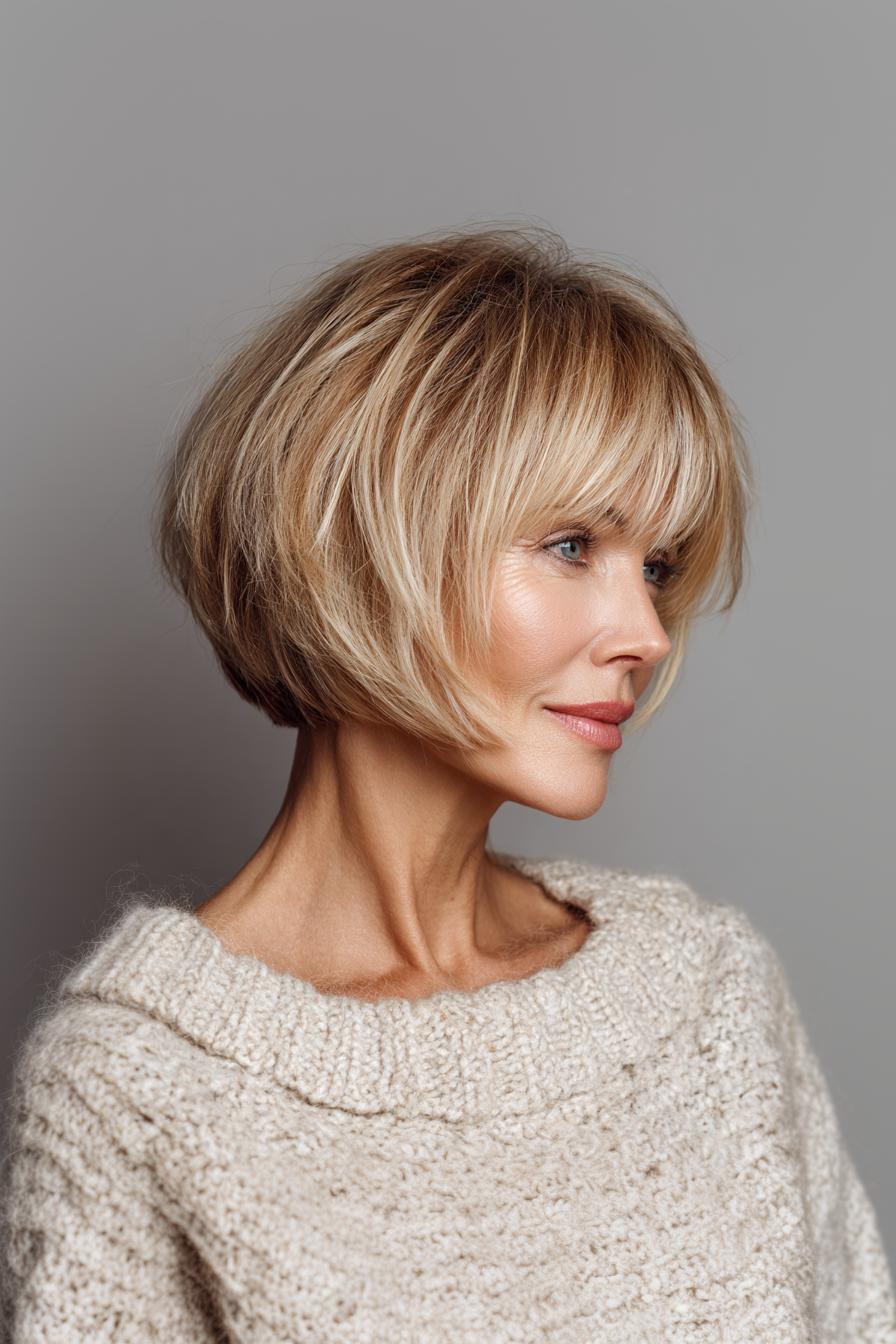 Chin-length bob with side-swept bangs for fine hair