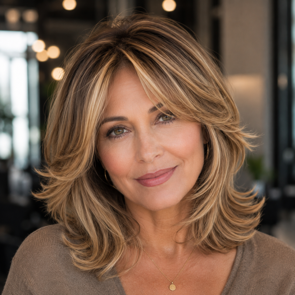 Wavy midi haircut with natural texture and an effortless shoulder-length shape