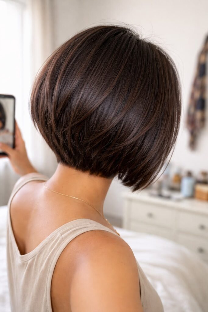 Rounded bob haircut with a soft silhouette and subtle internal shaping
