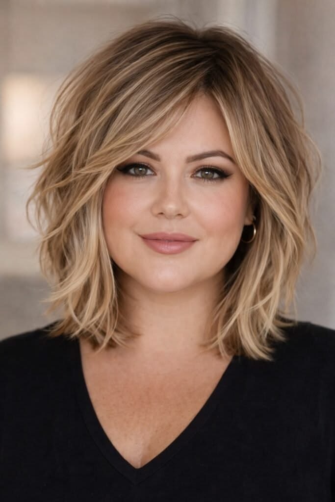 Shoulder-length shag with long layers and soft movement for a round face