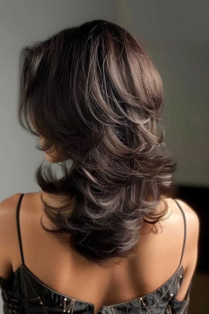 Butterfly-inspired layered haircut from the back with cascading layers and flowing movement