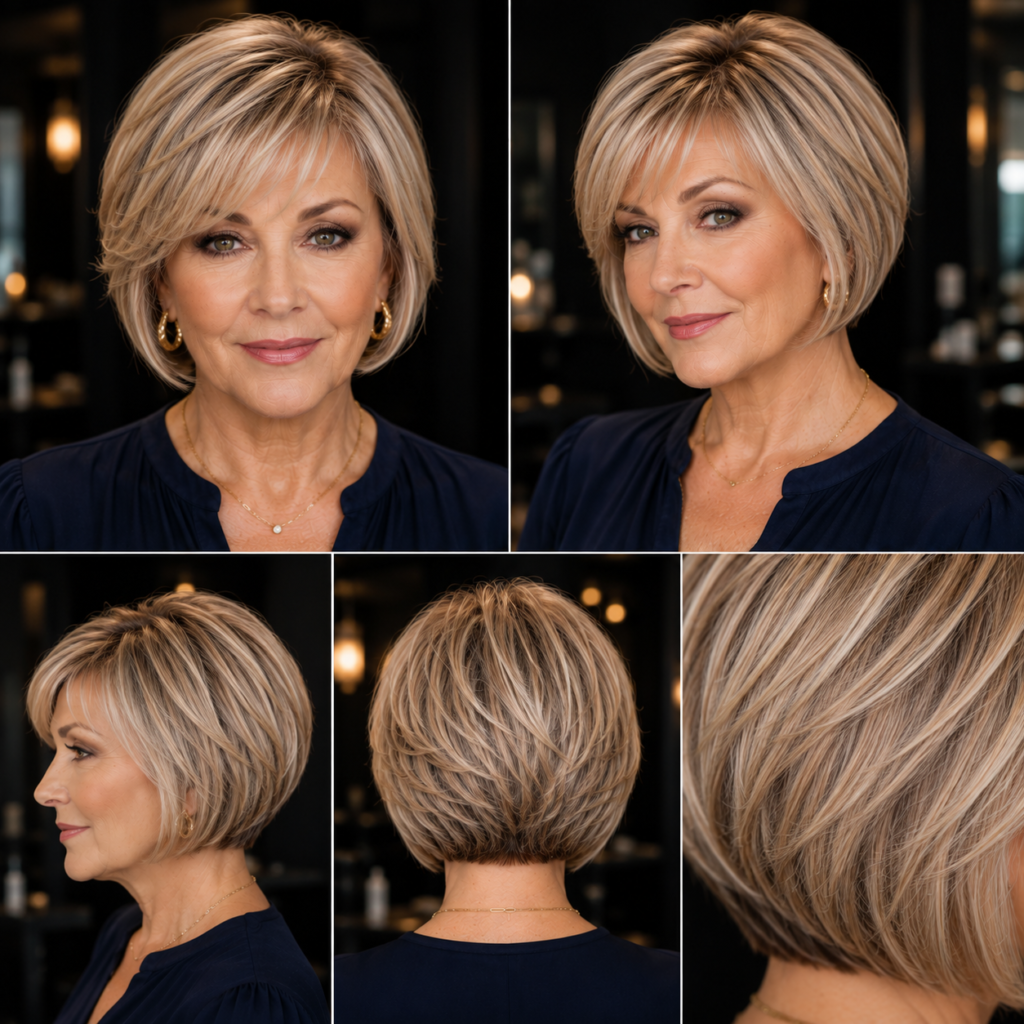 Softly stacked bob haircut from the back with subtle graduation and a rounded shape