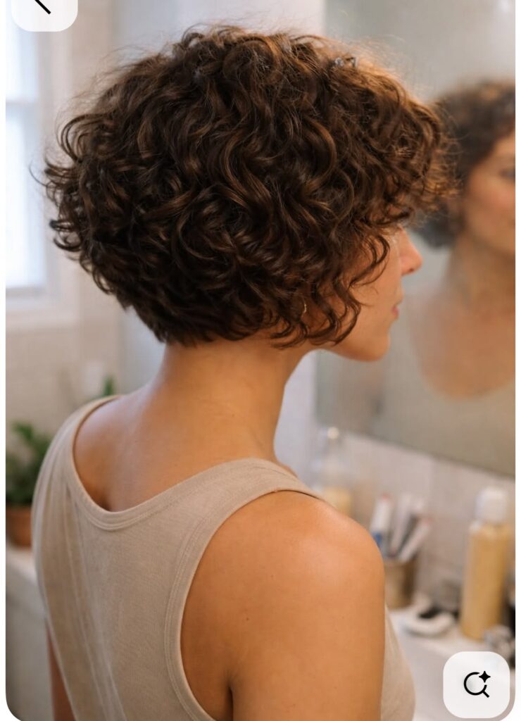 Curly bob haircut from the back with natural texture and a softly rounded silhouette