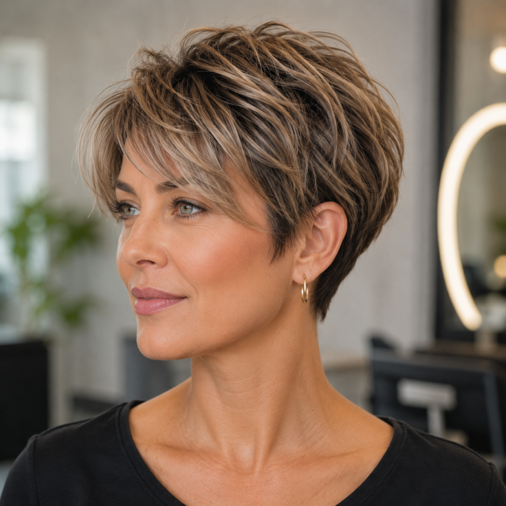 Long bixie haircut with softly tapered sides shown from front, side and back