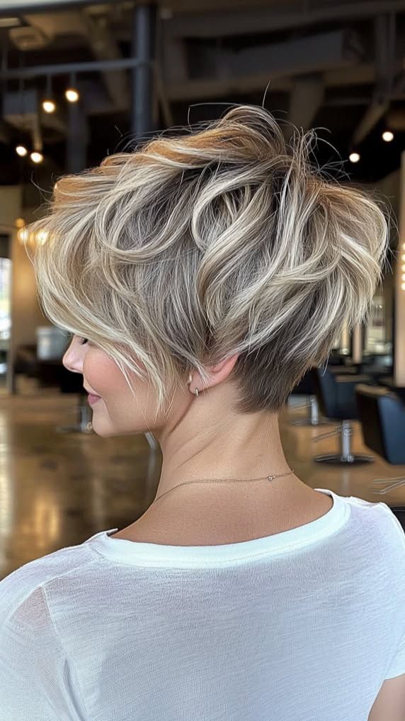 Long crown pixie haircut with short tapered sides and soft textured volume