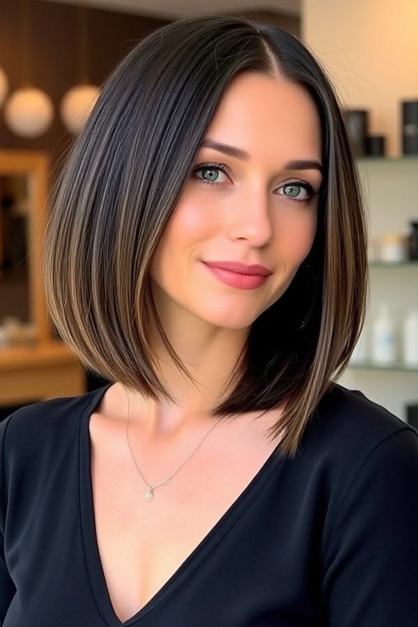 Sleek shoulder-length A-line haircut with longer front sections that visually define the jawline