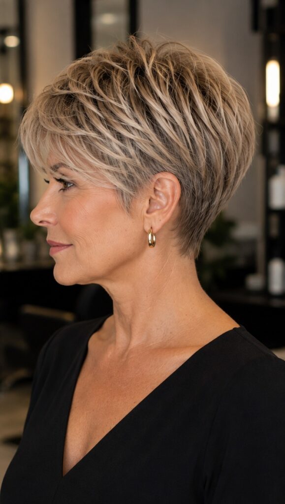 Soft textured pixie haircut with natural volume and an effortless finish