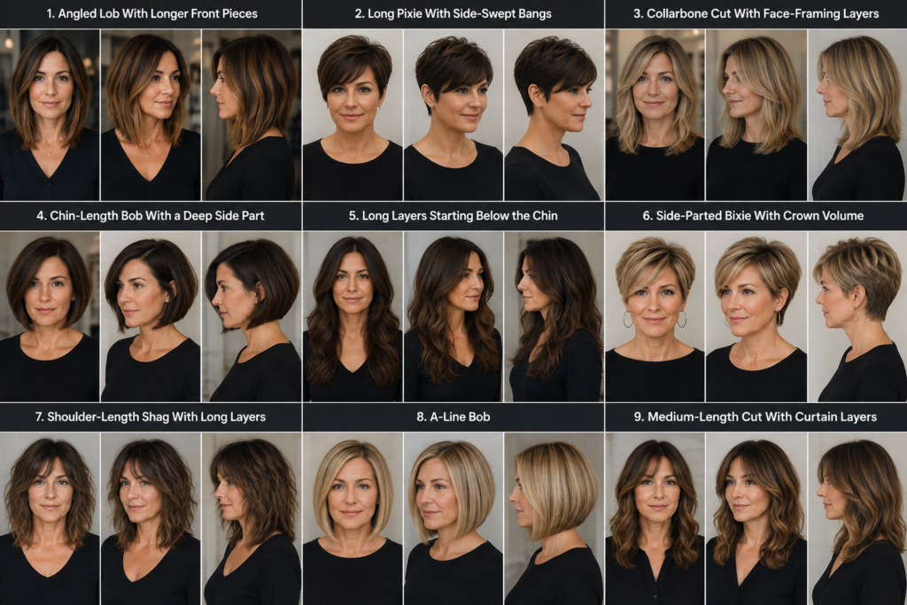Nine flattering haircuts for round faces that add shape without extra width, including pixie, bixie, bob, lob, shag and layered cuts