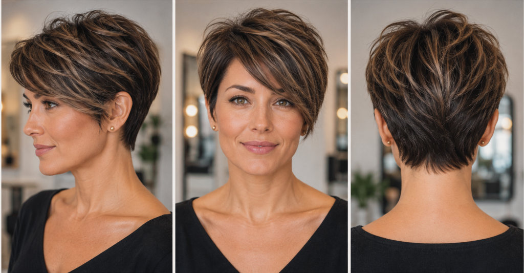 Long pixie haircut with side-swept bangs shown from front, side and back