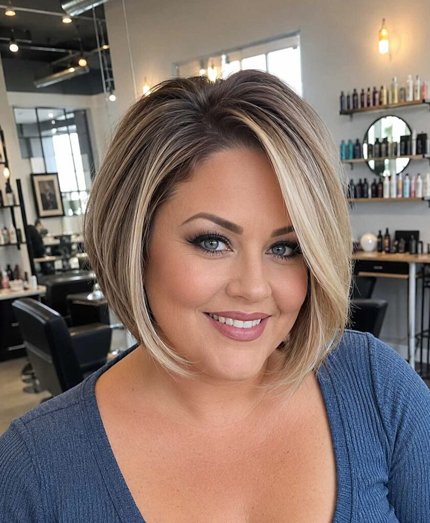 A-line bob haircut with longer front pieces to add definition to a round face
