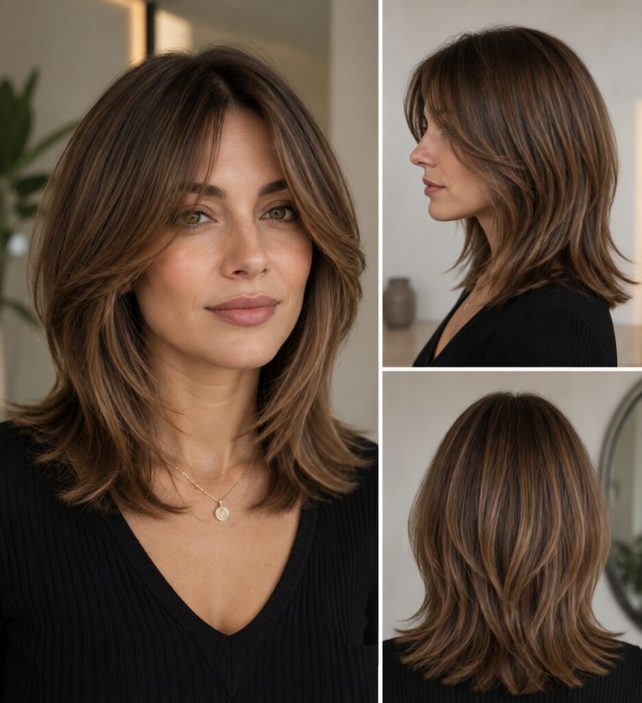 Medium hush haircut with soft blended layers and delicate face-framing pieces around the cheekbones