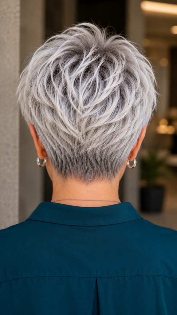 Textured bixie haircut from the back with layered crown movement and a tapered neckline