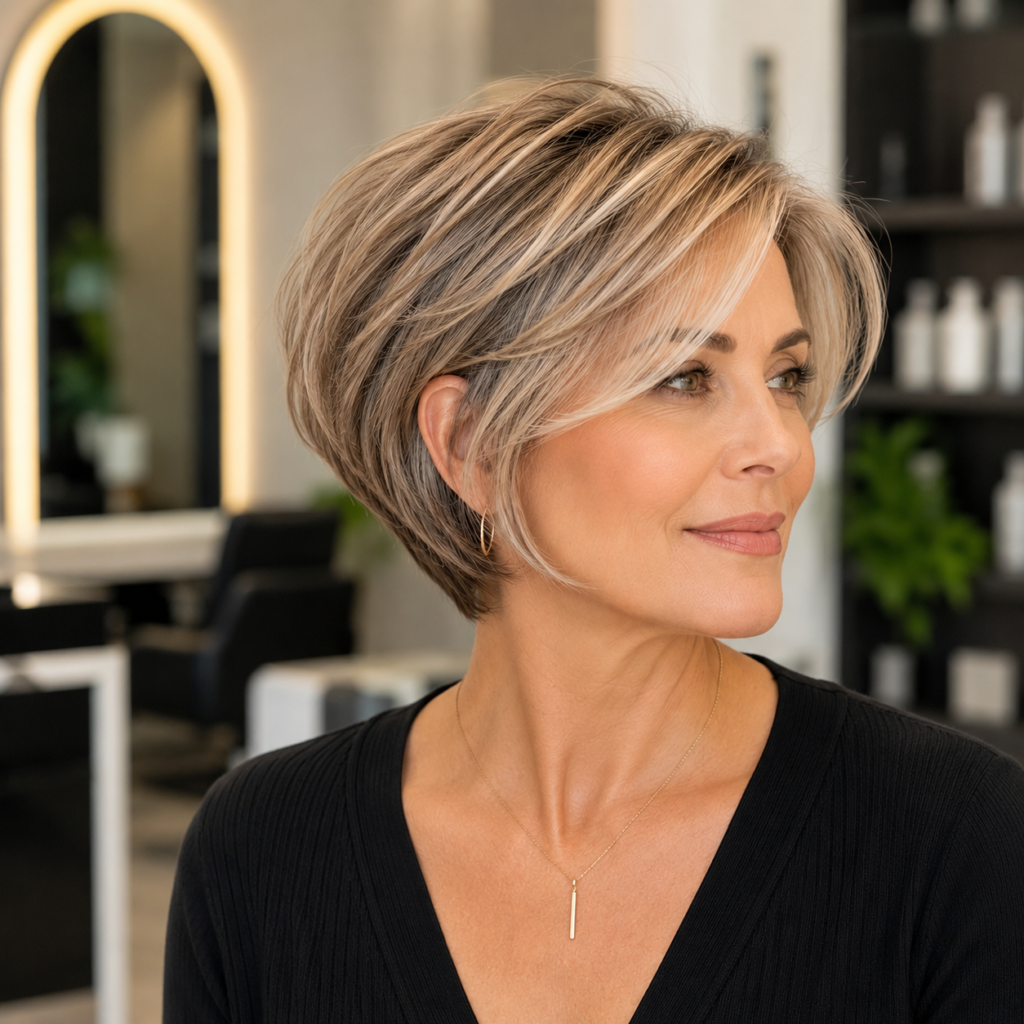 Long side-swept pixie bob for woman over 50