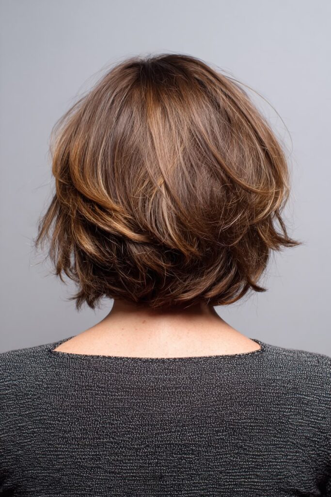 Soft A-line bob from the back with a subtle angle and polished structured shape