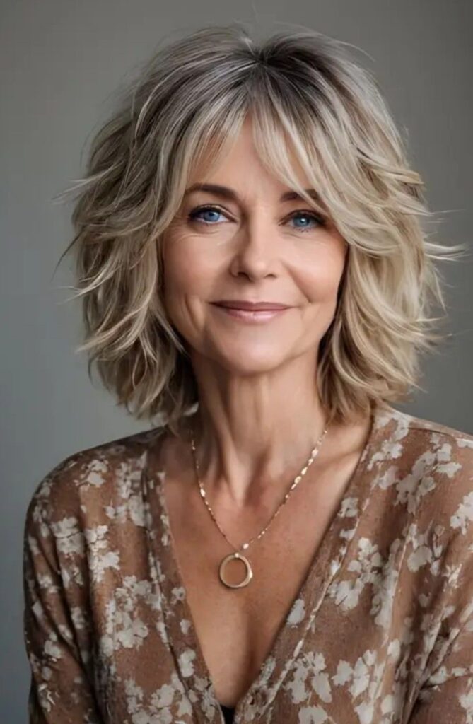 Wavy collarbone haircut for a woman over 50 with natural texture and movement