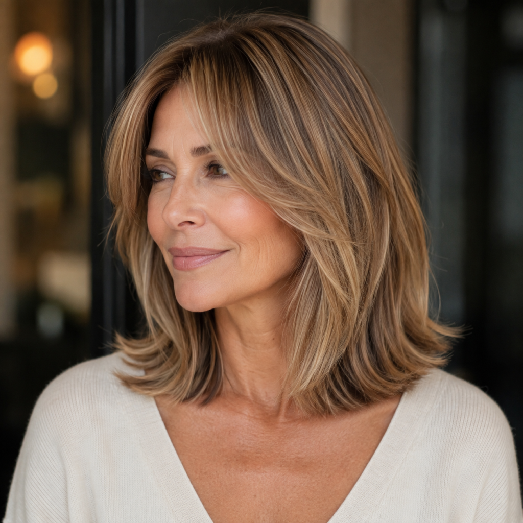 Collarbone haircut with face-framing layers for a woman over 50