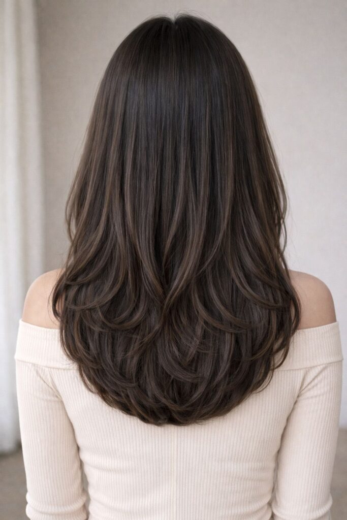 Long layered haircut from the back with flowing layers and a soft U-shaped perimeter