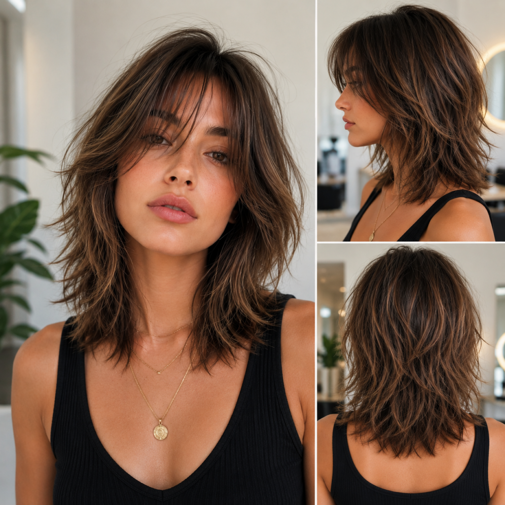 Airy midi shag for thin hair with feathered layers, curtain fringe and crown volume