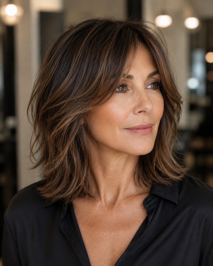 Modern mod cut with wispy fringe and textured layers for straight flat hair