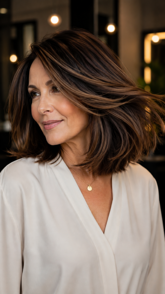 Shoulder-length haircut with long blended layers shown from front, side and back