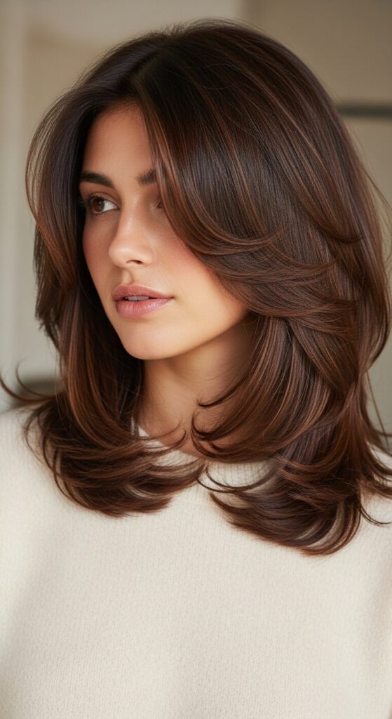 Long layered haircut with layers starting below the chin for a round face