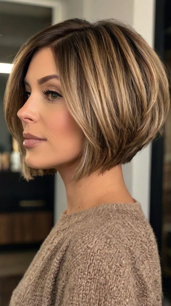 Jaw-length graduated bob designed to create volume in straight hair that falls flat