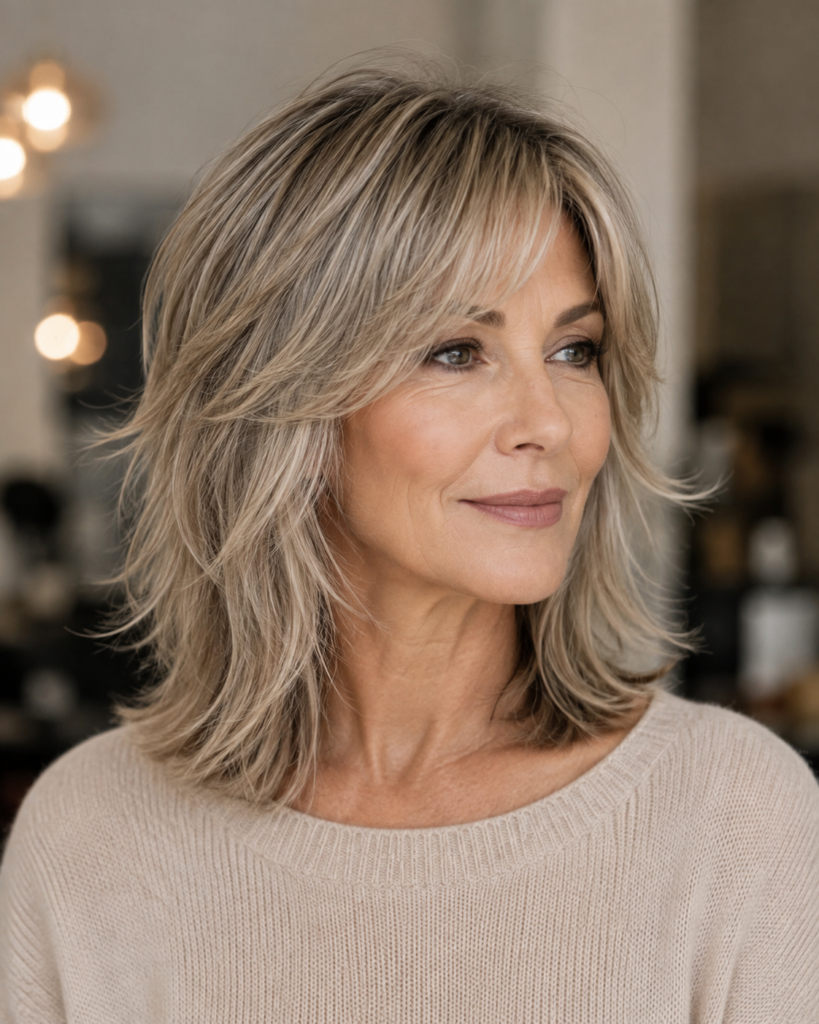 Medium hush cut for a woman over 50 with airy layers and soft movement