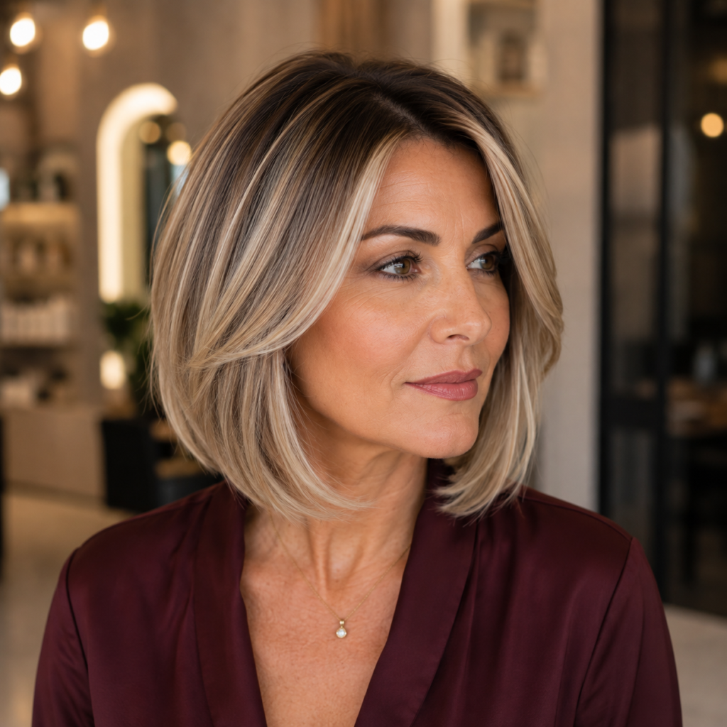 Soft A-line haircut with a subtle forward angle and clean structured ends