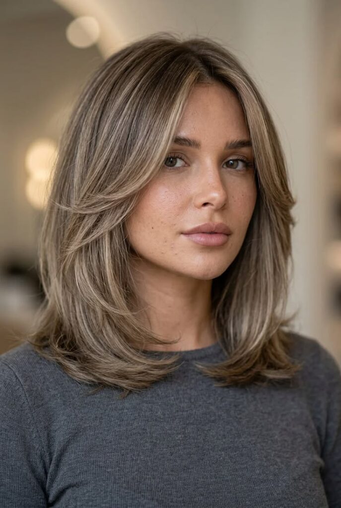 Midi haircut with long face-framing layers shown from front, side and back