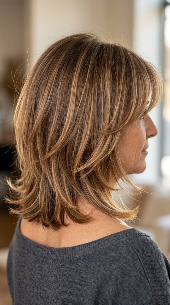 Shoulder-length butterfly layers for a woman over 50 with soft face-framing volume 