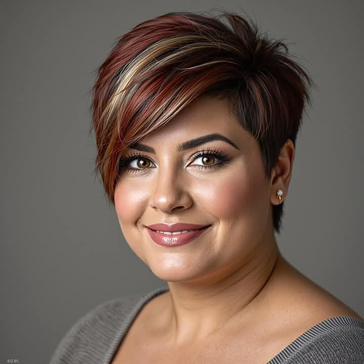 Long pixie with side-swept bangs and crown volume for a round face