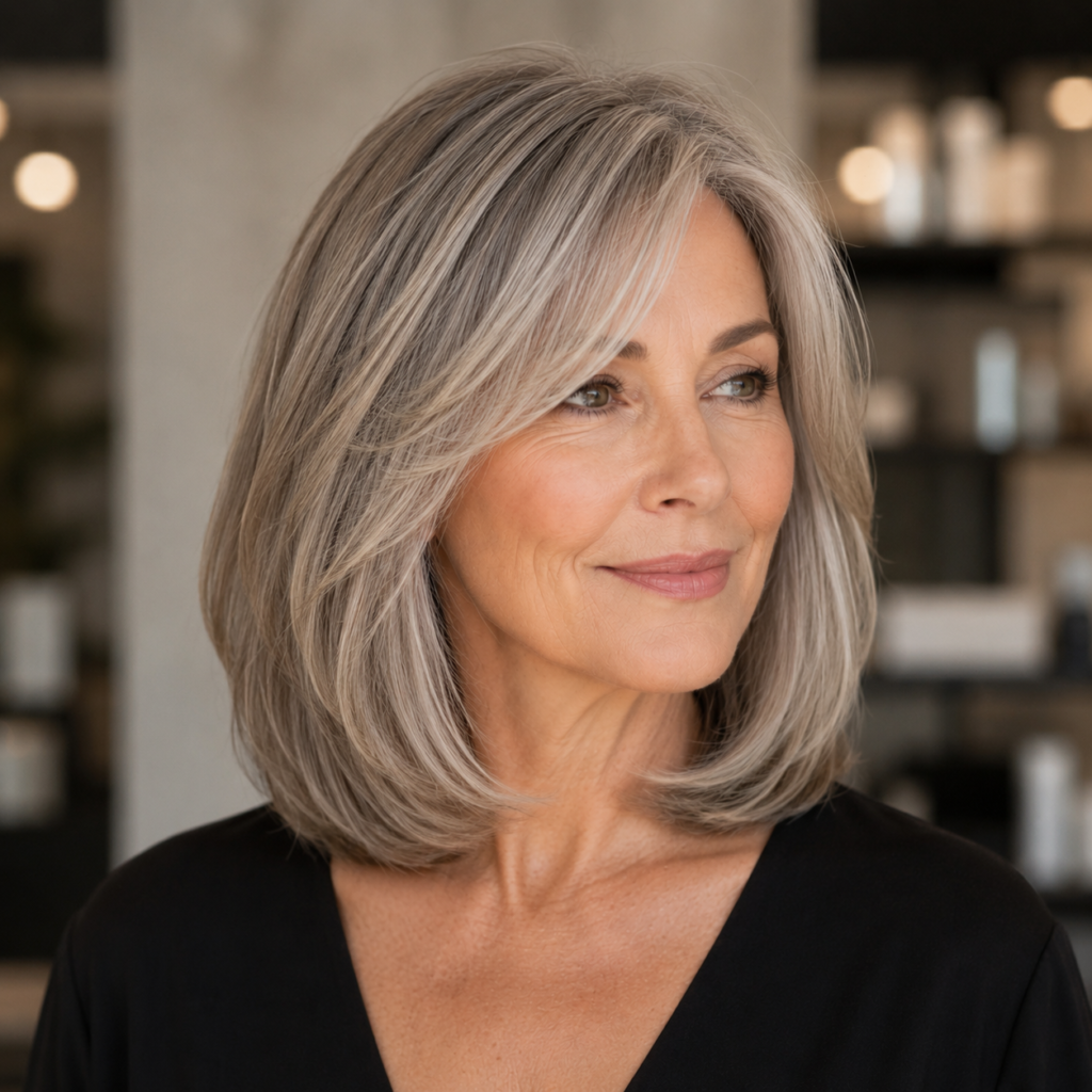 Rounded shoulder-length haircut for a woman over 50 with a soft polished shape