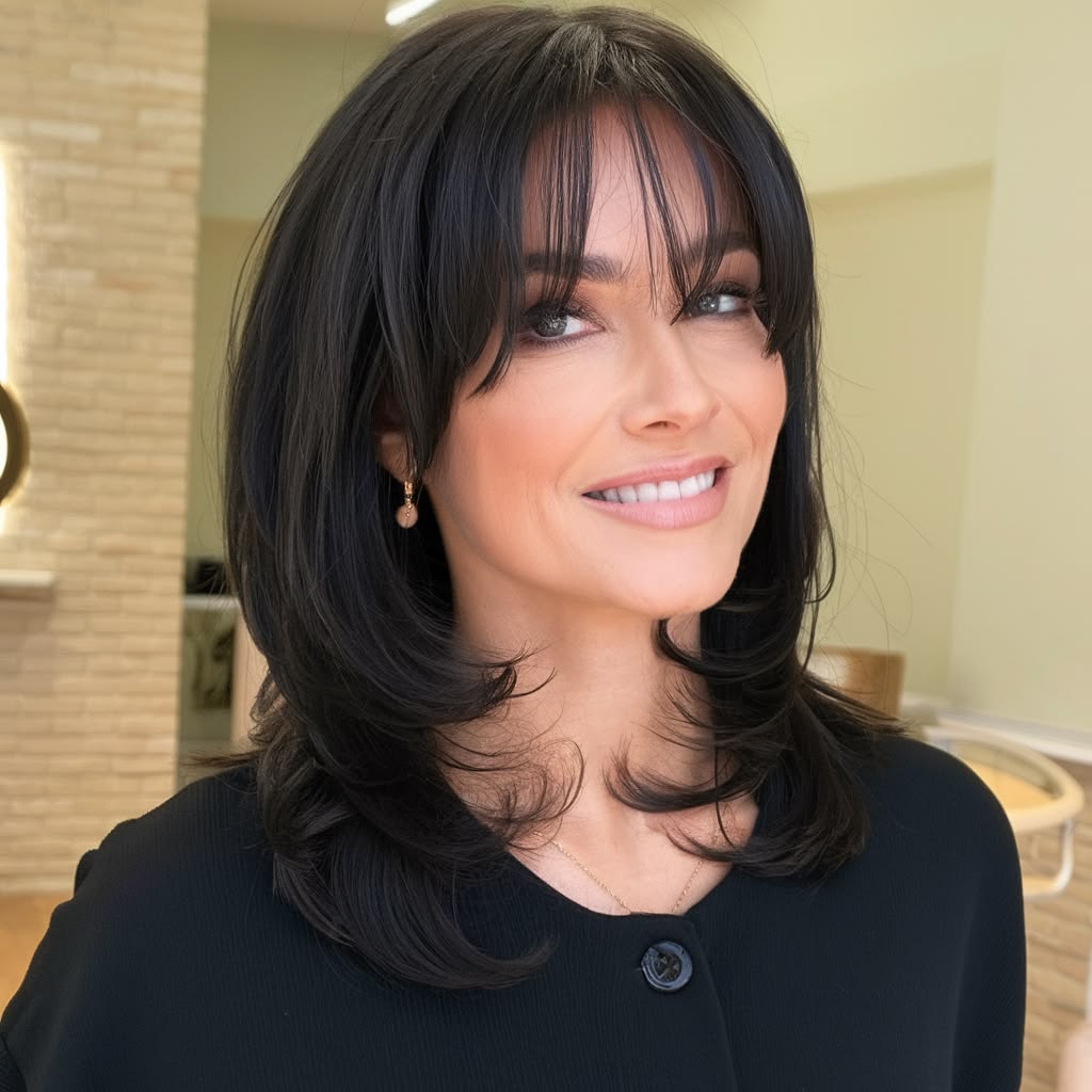 Medium-length butterfly haircut with flowing face-framing layers around the cheekbones and shoulders
