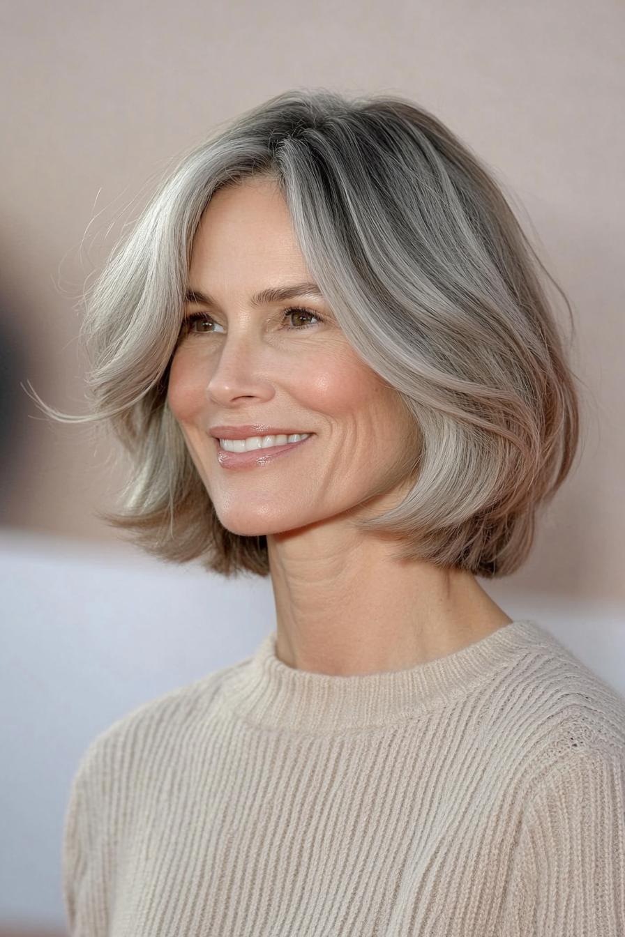 Soft layered bob haircut designed to add shape to fine hair