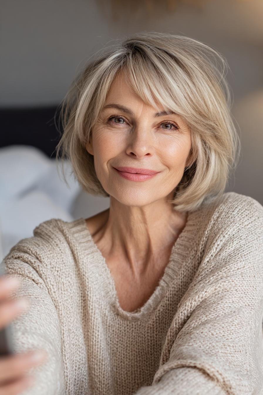 Softly layered jaw-length bob for fine hair with natural movement