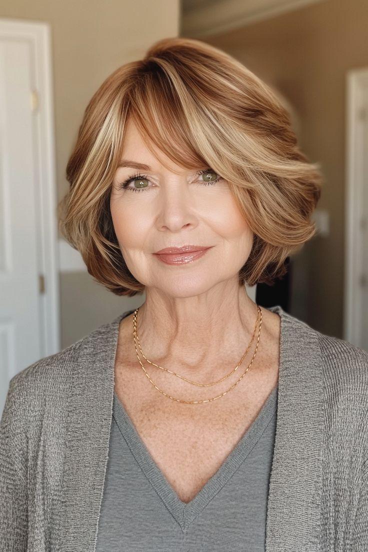 Short bob with side-swept bangs designed to flatter fine hair