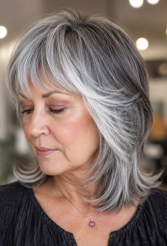 Soft wolf midi haircut for a woman over 50 with blended textured layers