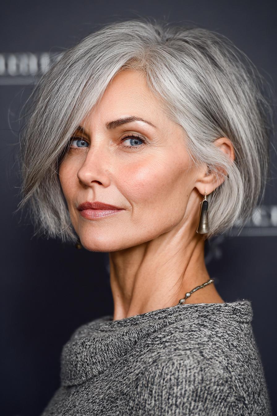Full chin-length bob with soft side fringe and polished shape