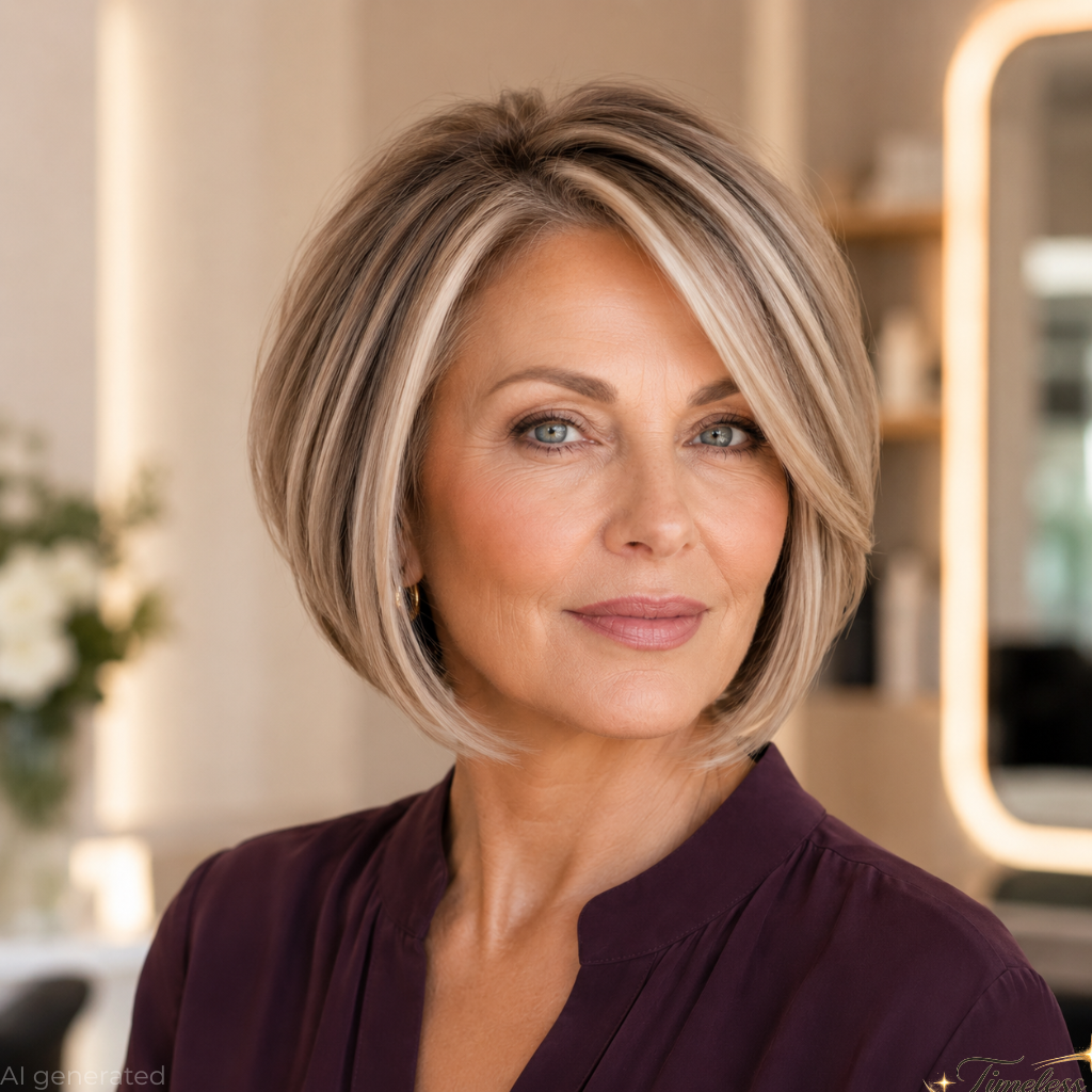 Chin-length blunt bob for fine hair over 50