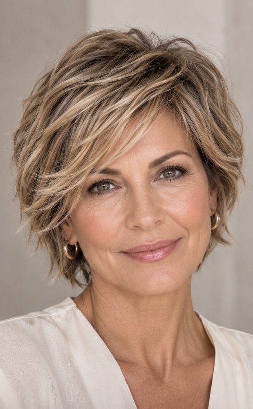 Rounded short haircut with gentle crown volume and a balanced silhouette
