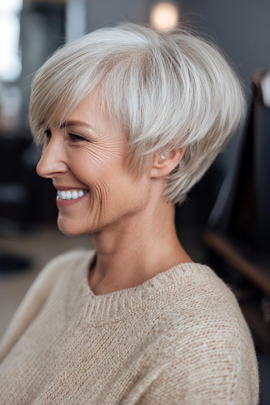 Short bixie haircut designed to create fullness in fine hair